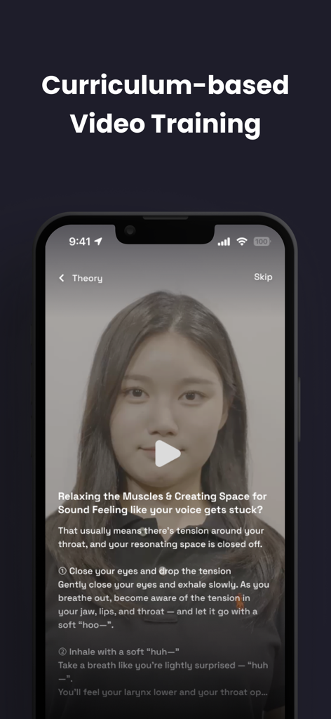 Smartphone screen showing a curriculum based video training lesson for vocal exercises in the Vocal Up app.