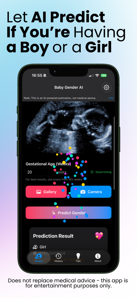 Interface of the Baby Gender AI Scanner app showing an ultrasound scan analysis and a prediction result for a girl