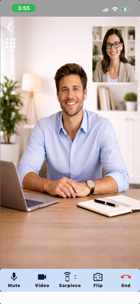 Una captura de pantalla de una videollamada en la aplicación FortiFone que muestra a dos profesionales de negocios durante una reunión remota