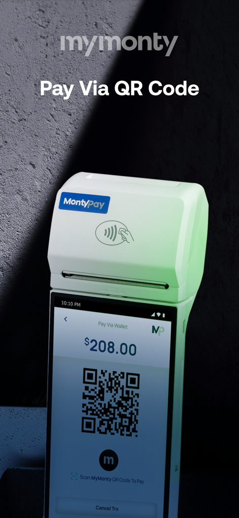 Un terminal TPV mostrando un código QR para un pago de 208 dólares a través de la aplicación MyMonty.