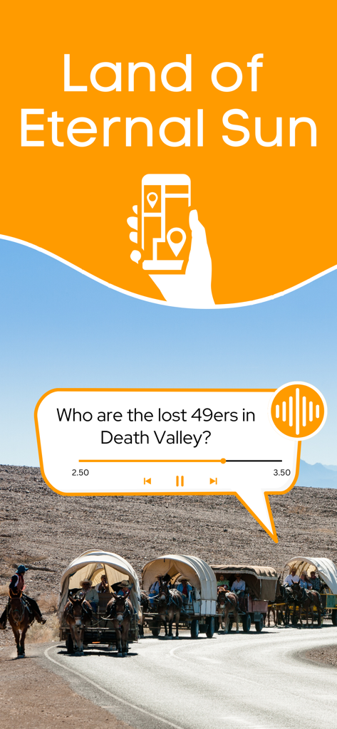 Death Valley audio tour app interface showing a question about the lost 49ers above a line of covered wagons in the desert