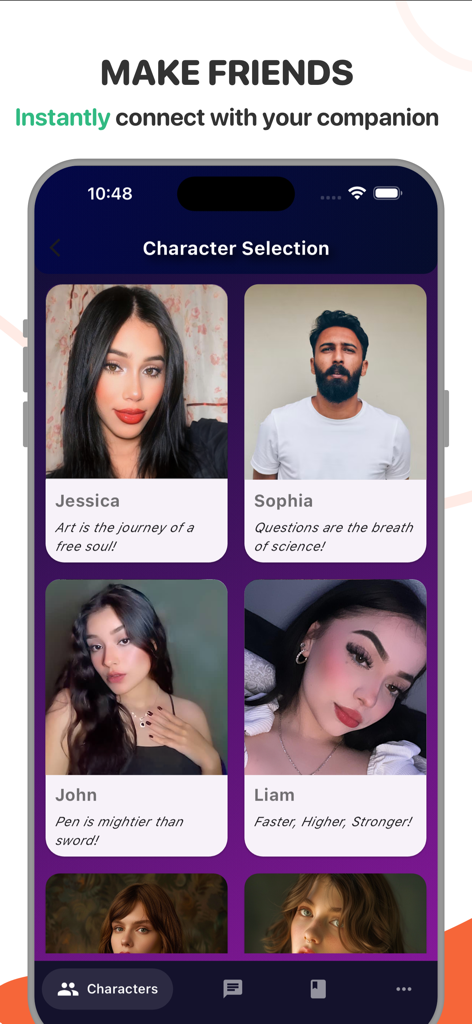 Omi Live app character selection screen showing multiple virtual companions with photos and personal quotes
