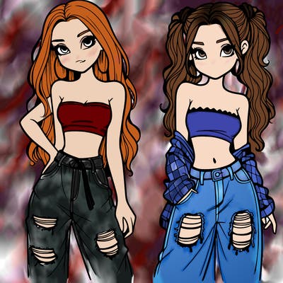 2 girls in crop tops and baggy jeans ripped