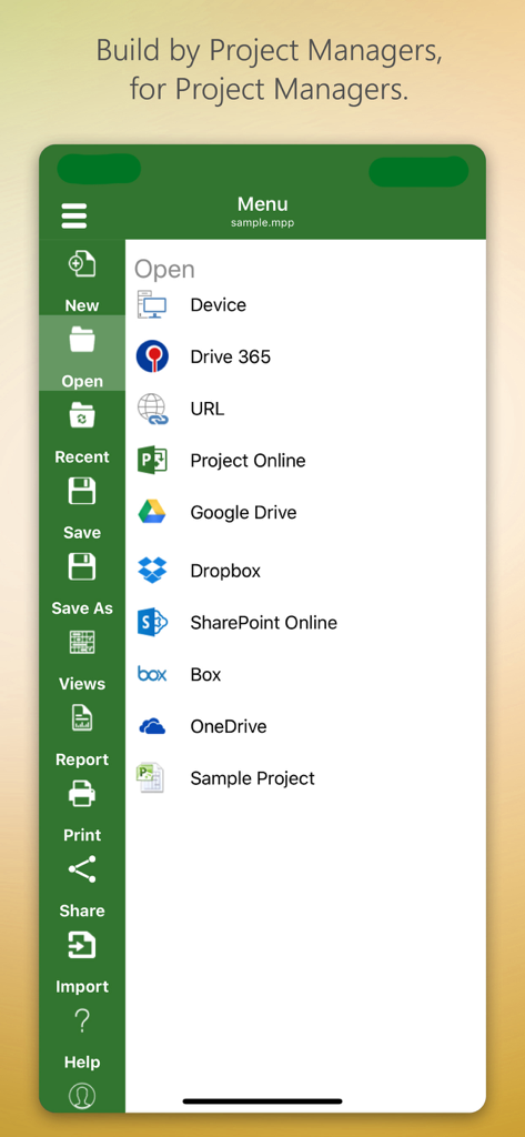 Menu de l'application iProject Viewer montrant les options d'ouverture de fichiers de projet à partir du stockage cloud comme Google Drive et SharePoint