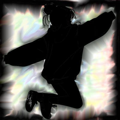 realistic girl jumping with a bun and oversized sweatshirt