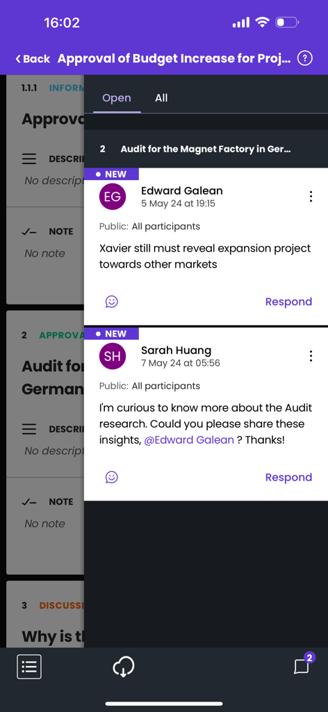 Sherpany - A screenshot of the Sherpany mobile app showing a discussion thread with comments from board members on a specific meeting agenda item.