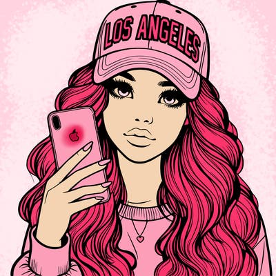 realistic beautiful girl wearing los ángeles cap holding an iphone