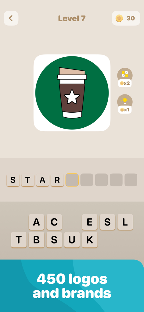 Una captura de pantalla del juego de Logo Quest que muestra un logotipo estilizado de una taza de café y fichas de letras para escribir el nombre de la marca Starbucks en el nivel 7
