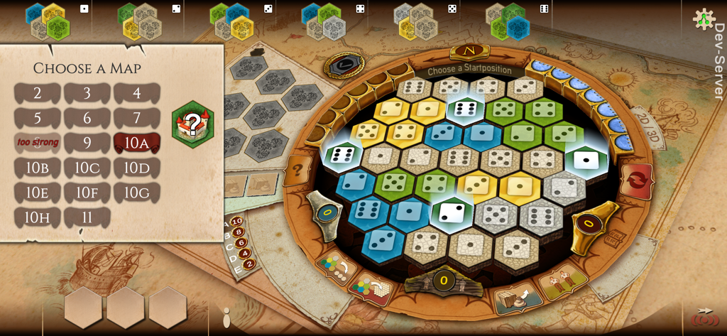 The Castles of Burgundy map selection screen showing the digital game board and hexagonal tiles.