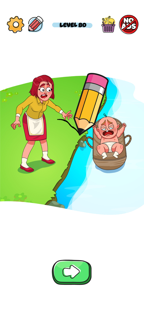 A puzzle level in Draw Puzzle where the player must draw a line to save a baby floating in a river.