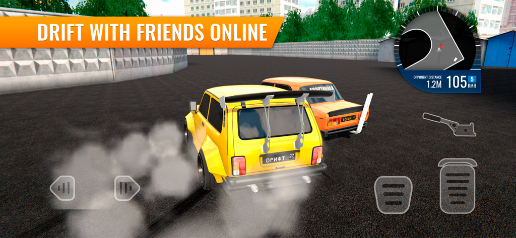 Russian Car Drift - Yellow customized Russian car drifting alongside an orange car in online multiplayer mode