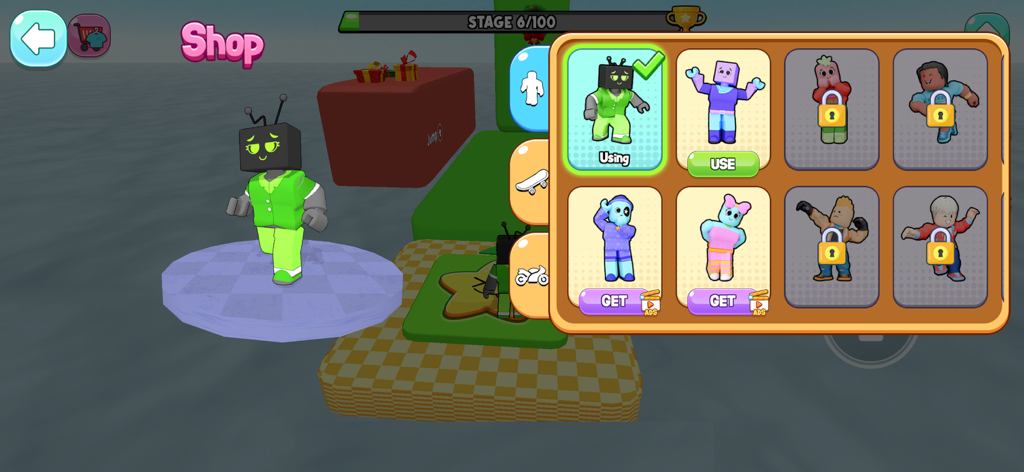 Character customization screen in Jump Full Modes showing available skins and character selection menu