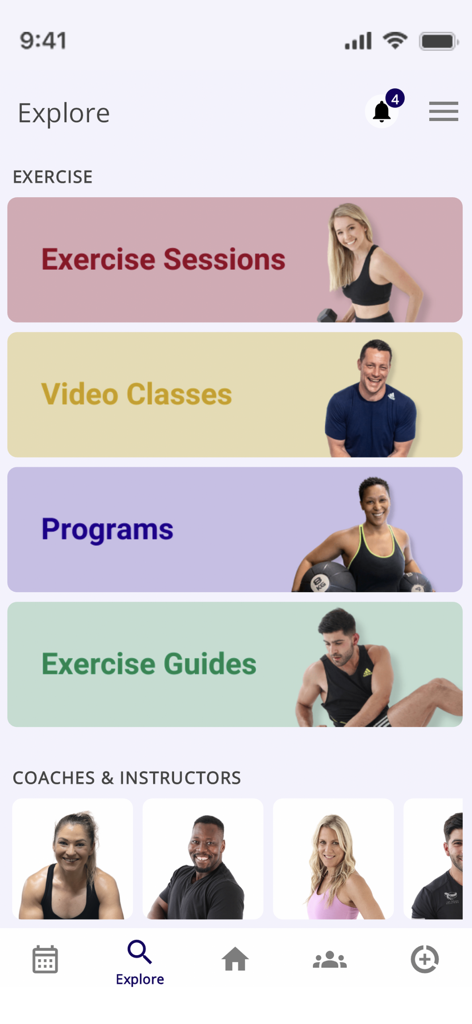 JEFF Fitness - Explore screen of the JEFF Fitness app featuring workout programs and a diverse team of coaches.