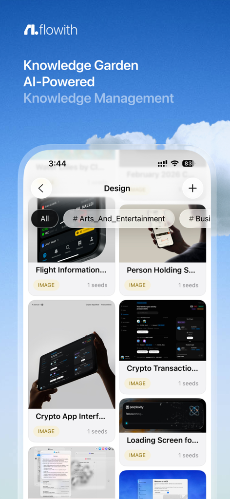 Interface de l'application Flowith présentant le Jardin de connaissances IA pour organiser et gérer les informations et fichiers numériques.
