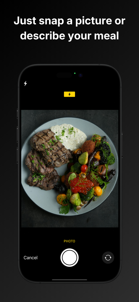 Protein Tracker: Protium - Camera view of the Protium app capturing a photo of a meal to track protein intake