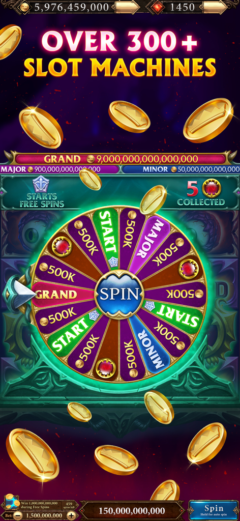 Ein buntes Glücksrad im Scatter Slots Mobile Game mit fallenden Goldmünzen und hohen Jackpot-Werten.