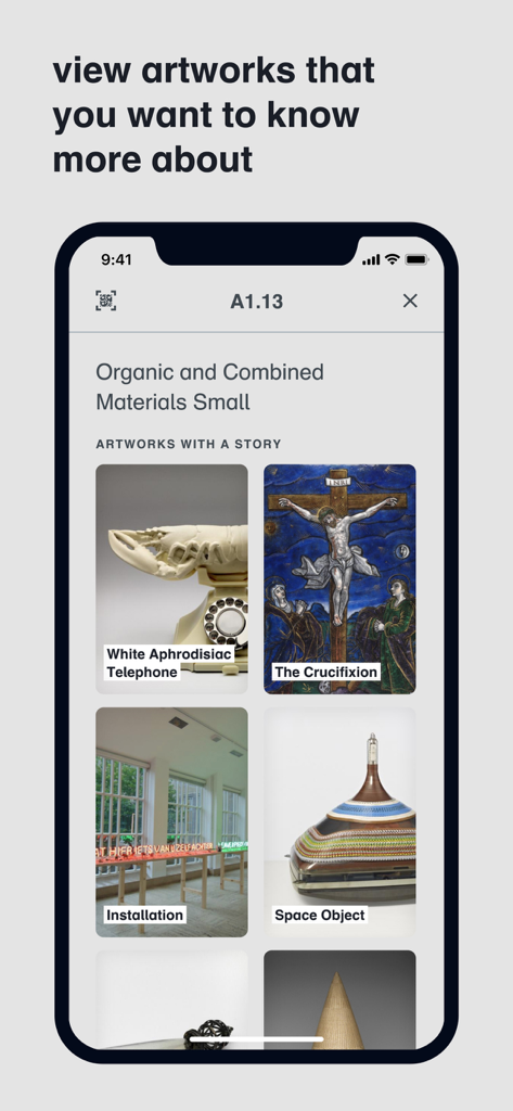 Depot Boijmans - ホワイト・アフロディジエイク・テレホンやクルシフィクションを含む、アートワークのギャラリーとストーリーを表示するデボット・ボイマンスアプリのモバイルインターフェース