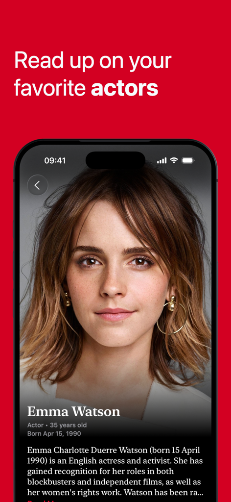Showdown - TV & Movie Tracker - Showdown app screenshot showing an actor profile page for Emma Watson with biography and birth details.