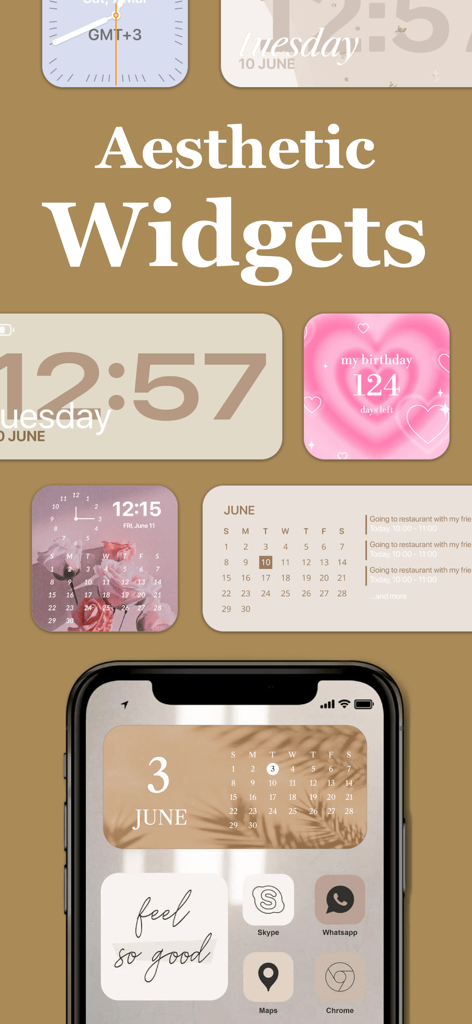 StyleKit- Aesthetic Widgets - Une collection de widgets esthétiques pour iPhone comprenant des horloges, des calendriers et des comptes à rebours dans différents thèmes de couleurs.