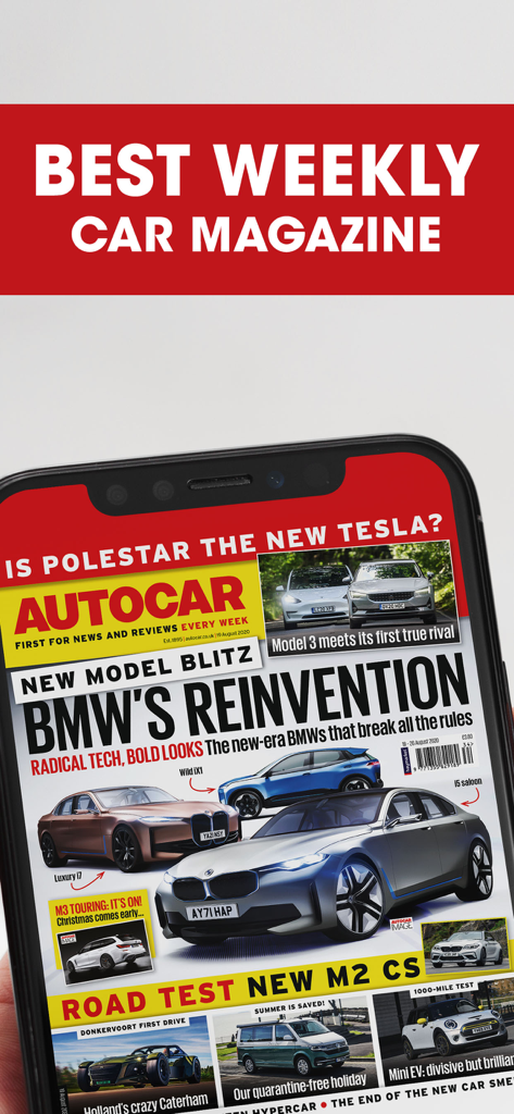 Smartphone mostrando la portada de la aplicación de la revista digital Autocar con noticias de automoción y reseñas de coches