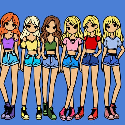 a group of girls wearing crop tops and shorts