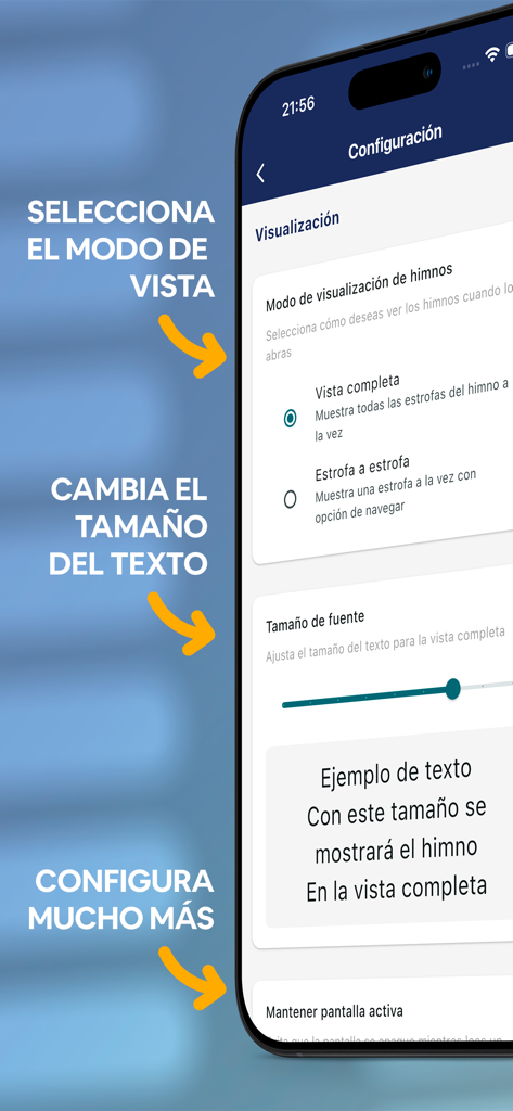 Himnario Digital IMPCH - Settings menu of the Himnario Digital IMPCH app showing options for view mode and text size adjustment