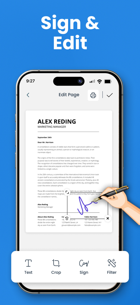 A smartphone showing the sign and edit feature of the Smart Printer app where a digital signature is being added to a professional document