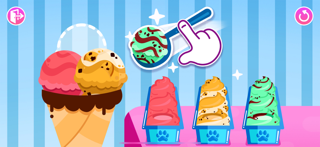Fun Cooking games for Kids - Una pantalla de juego digital que muestra la mano de un niño sirviendo helado de menta para decorar un cono