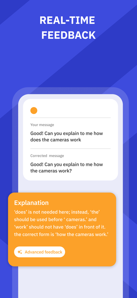 Interface de l'application Talkpal montrant le feedback et les corrections grammaticales IA en temps réel