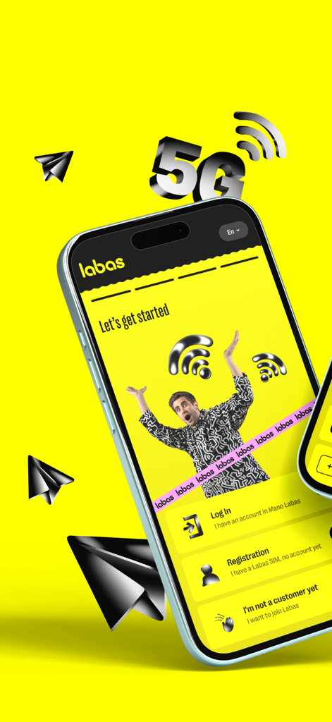 MANO LABAS - Mano Labas app onboarding screen with login and registration options