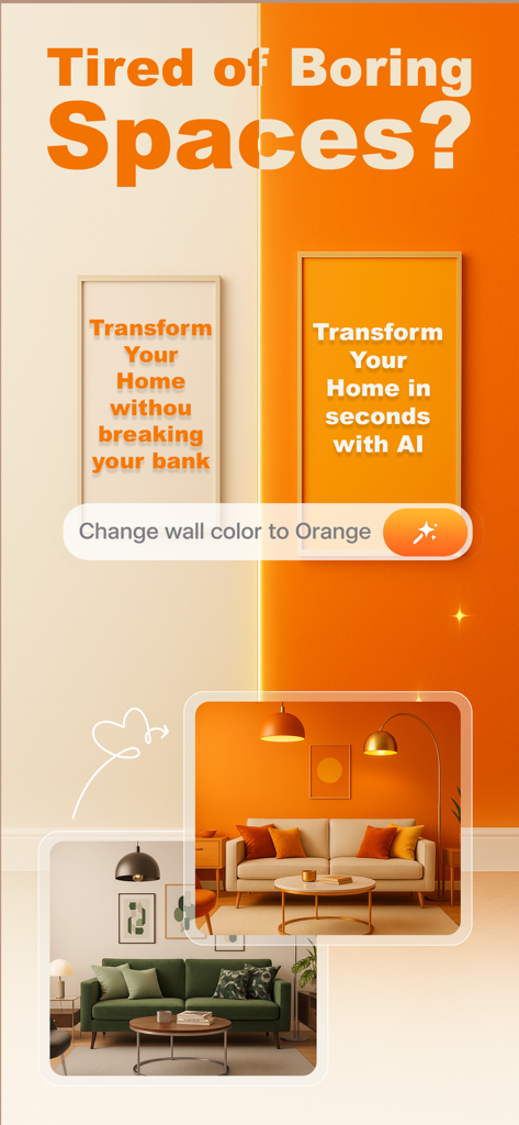 SnapDecor - Decor homestyler - Interface do aplicativo SnapDecor demonstrando reforma de cômodo com IA, com alteração da cor da parede para laranja