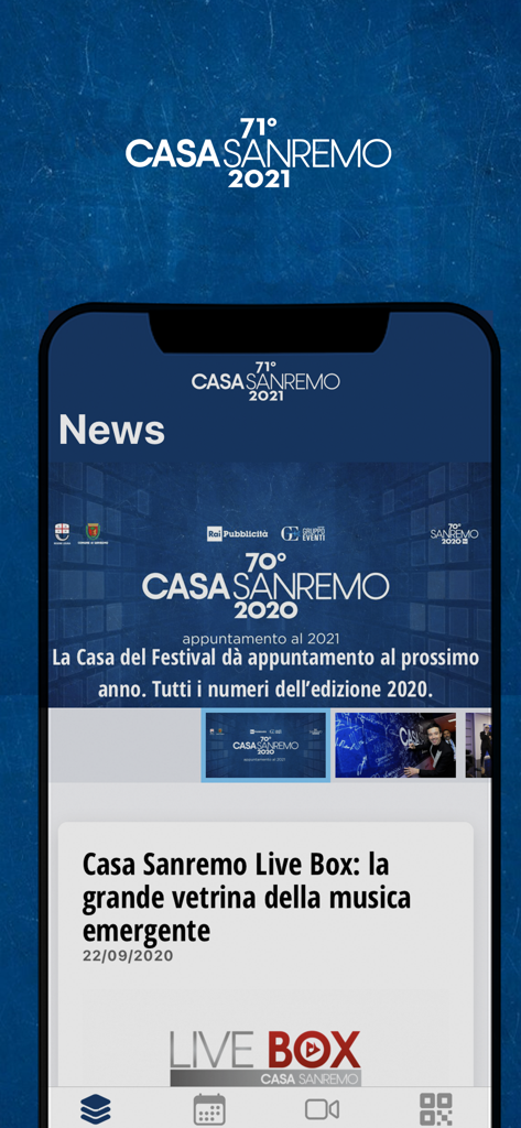 CasaSanremo - CasaSanremo mobile app interface showing the news feed with music festival updates