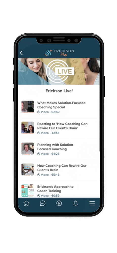Erickson+ - A list of solution focused coaching webinars and live training sessions within the Erickson plus app