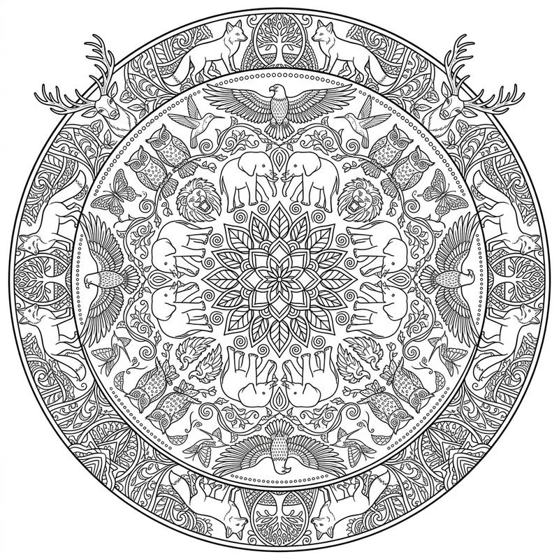 Discover a captivating adult animal mandala featuring a diverse array of wildlife, from majestic stags to soaring eagles. This highly detailed coloring page is perfect for adults seeking a mindful and engaging artistic escape.