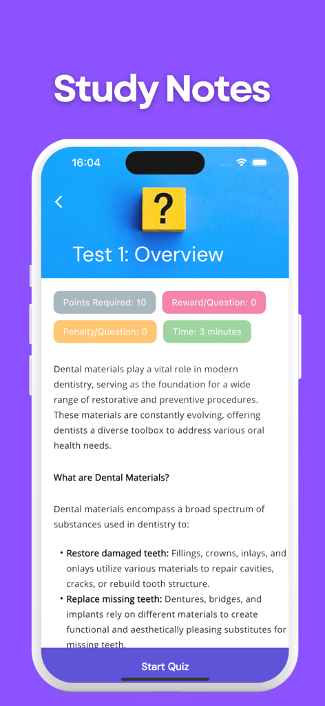 Screenshot of study notes and test overview for dental materials in the Dental Mastery app.