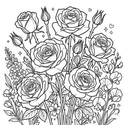 Celebrate the beauty of spring with this exquisite Hybrid Tea Roses coloring page. Featuring a lavish bouquet of detailed blooms and buds, it promises a delightful and relaxing artistic escape for all ages.