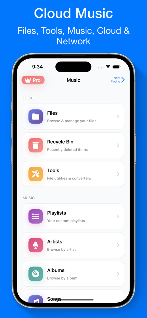 Interface of the Cloud Music Player app showing file and music library categories on iPhone
