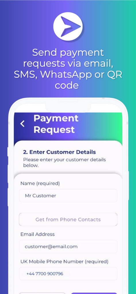 Mobile app screen for Go Get Paid showing a form to enter customer details for a new payment request