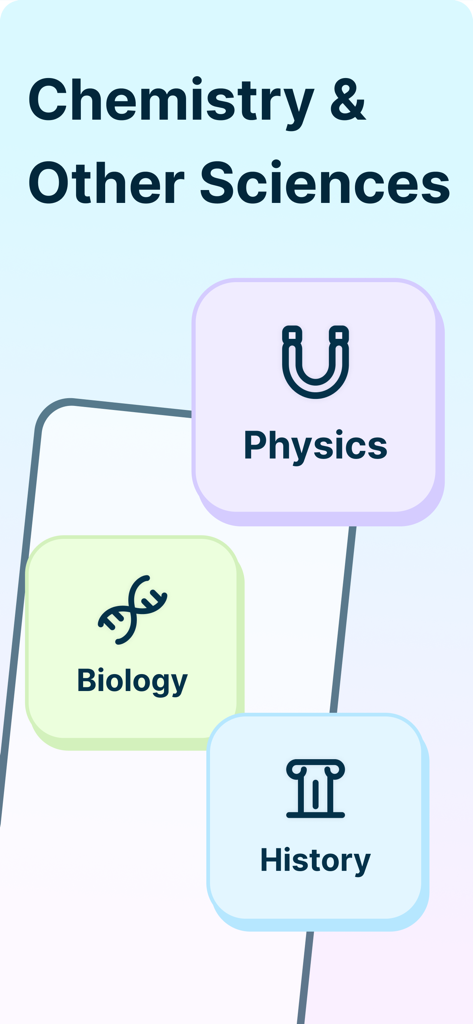 AI Math Solver App | KnowBuddy - KnowBuddy app screen displaying study categories for Physics Biology and History
