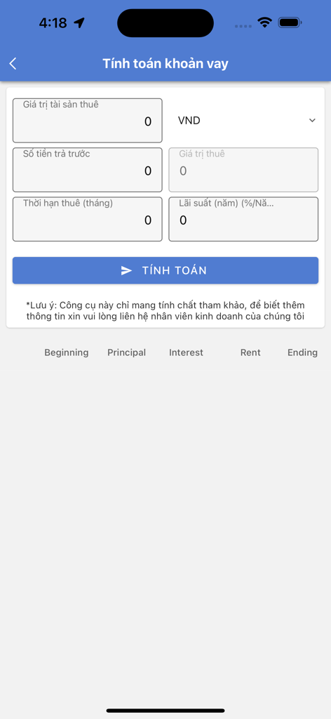 Chailease App - Oberfläche des Darlehensrechners der Chailease App mit Feldern für den Vermögenswert und den Zinssatz
