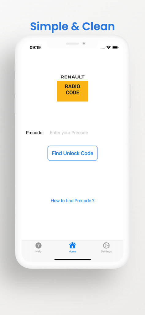 Car Radio Code - Rena - Benutzeroberfläche der Car Radio Code App mit einem einfachen Eingabefeld zur Eingabe eines Precode zum Entsperren eines Renault Autoradios