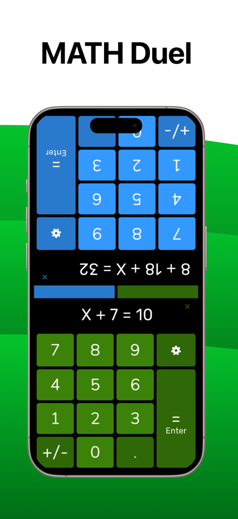 Math Duel: 2 Player Study Quiz - A split-screen view of the Math Duel app showing two players solving math equations simultaneously on a single device