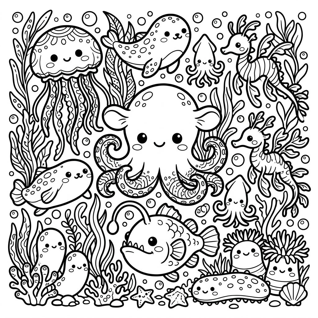 Coloriage Créatures des Fonds Marins Mystérieuses Kawaii — Color Pop