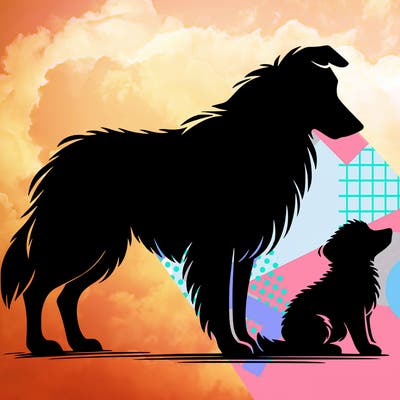 silhouette of a shepherd with his still and baby dog