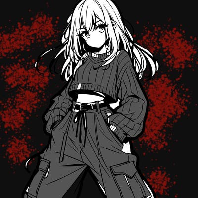 anime teen girl with baggy pants and crop top with sweater