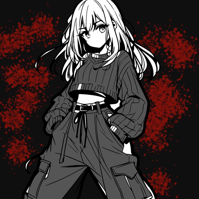 anime teen girl with baggy pants and crop top with sweater