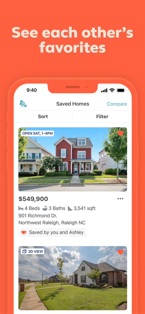 Trulia Real Estate & Rentals - A smartphone screen displaying the Trulia app Saved Homes feature for collaborative house hunting between partners.