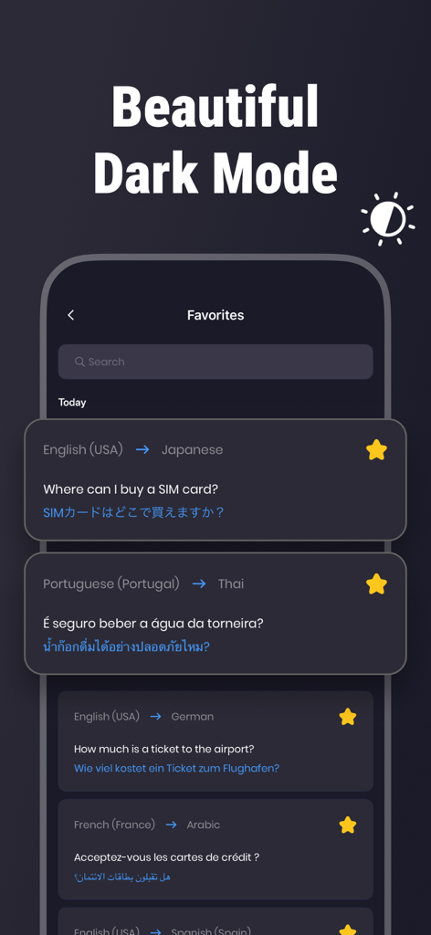 Interfaccia mobile di GO Translate AI Translator che mostra le traduzioni preferite salvate in modalità scura