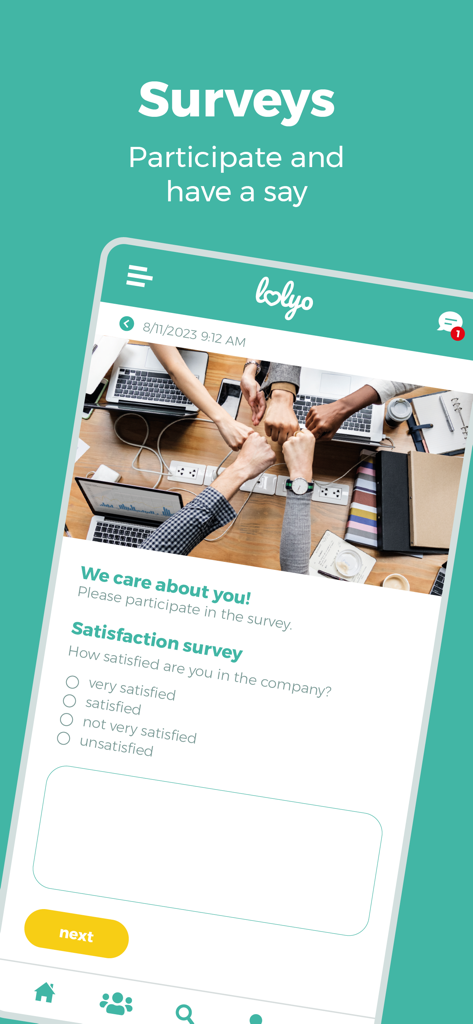 Interfaccia della LOLYO Employee-App che visualizza un sondaggio interno sulla soddisfazione dei dipendenti.