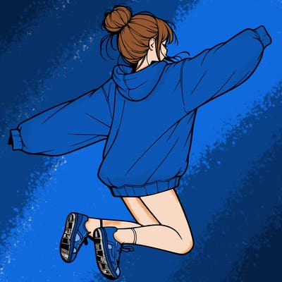 realistic girl jumping with a bun and oversized sweatshirt